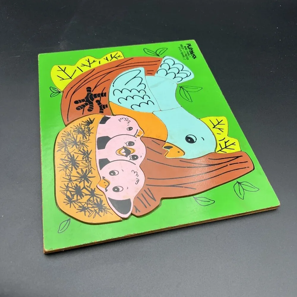 Vtg 70s PLAYSKOOL BIRD FAMILY 330-22 wood puzzle Green